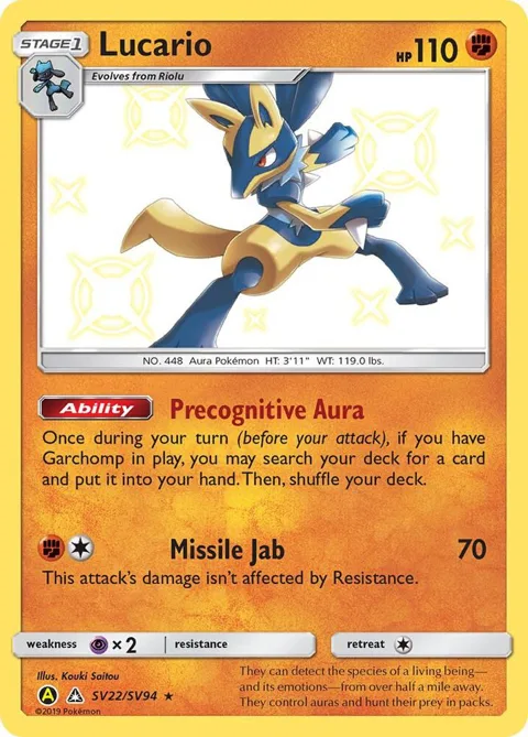 Lucario #SV22/SV94 Holofoil Pokémon card from Hidden Fates: Shiny Vault