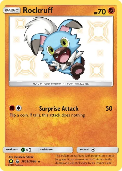 Rockruff #SV23/SV94 Holofoil Pokémon card from Hidden Fates: Shiny Vault