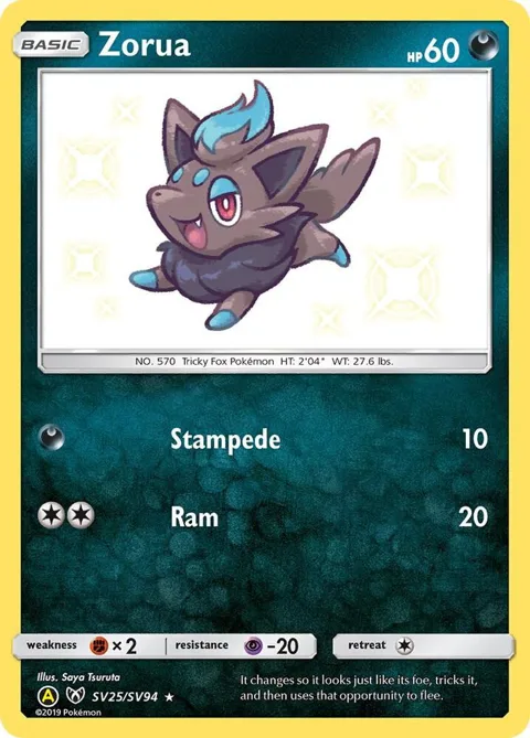 Zorua #SV25/SV94 Holofoil Pokémon card from Hidden Fates: Shiny Vault