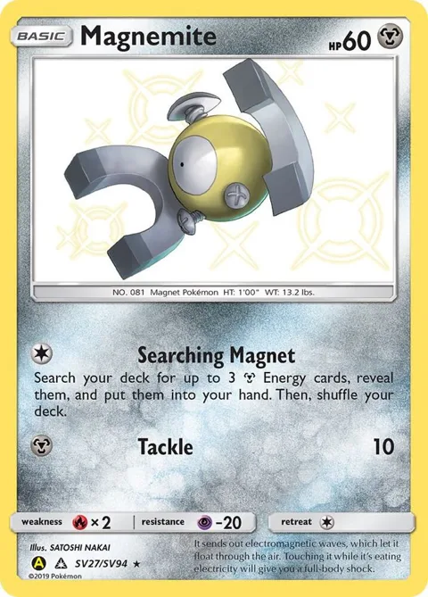 Magnemite #SV27/SV94 Holofoil Pokémon card from Hidden Fates: Shiny Vault