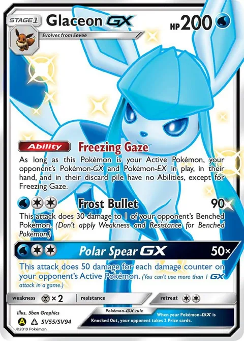 Glaceon GX #SV55/SV94 Holofoil Pokémon card from Hidden Fates: Shiny Vault