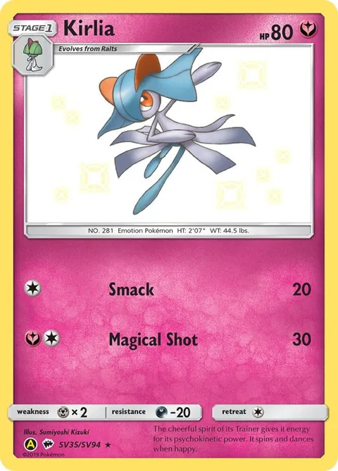 Kirlia #SV35/SV94 Holofoil Pokémon card from Hidden Fates: Shiny Vault