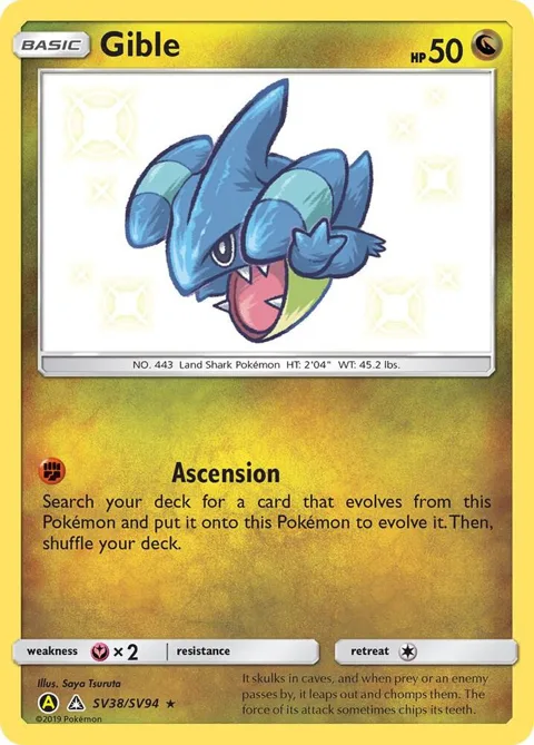 Gible #SV38/SV94 Holofoil Pokémon card from Hidden Fates: Shiny Vault
