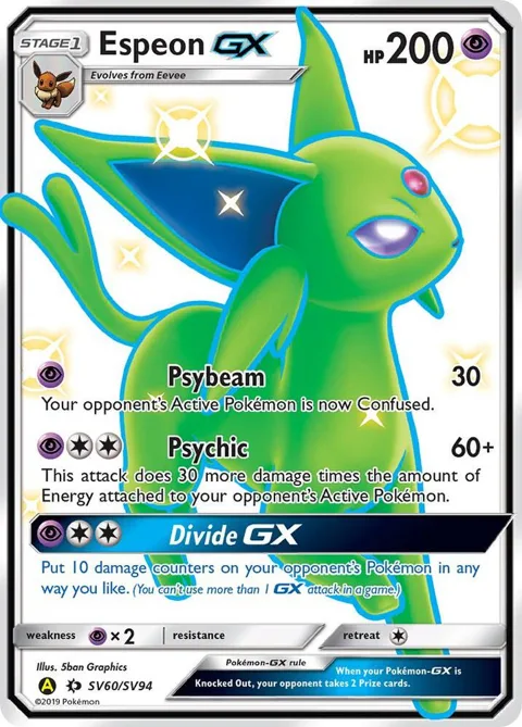 Espeon GX #SV60/SV94 Holofoil Pokémon card from Hidden Fates: Shiny Vault
