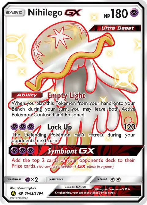 Nihilego GX #SV62/SV94 Holofoil Pokémon card from Hidden Fates: Shiny Vault