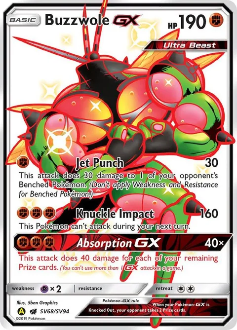 Buzzwole GX #SV68/SV94 Holofoil Pokémon card from Hidden Fates: Shiny Vault