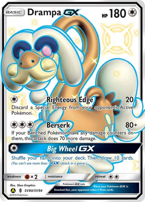 Drampa GX #SV80/SV94 Holofoil Pokémon card from Hidden Fates: Shiny Vault