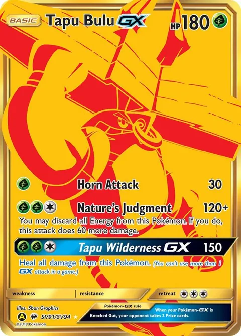 Tapu Bulu GX #SV91/SV94 Holofoil Pokémon card from Hidden Fates: Shiny Vault