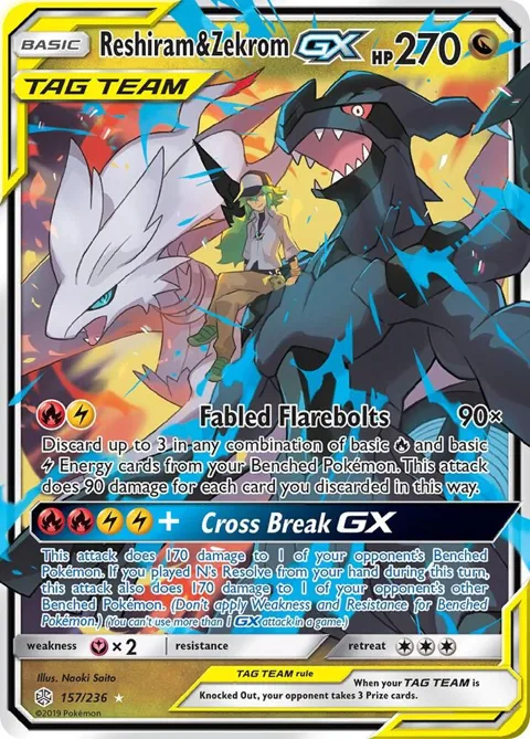 Reshiram & Zekrom GX #157/236 Holofoil Pokémon card from SM - Cosmic Eclipse