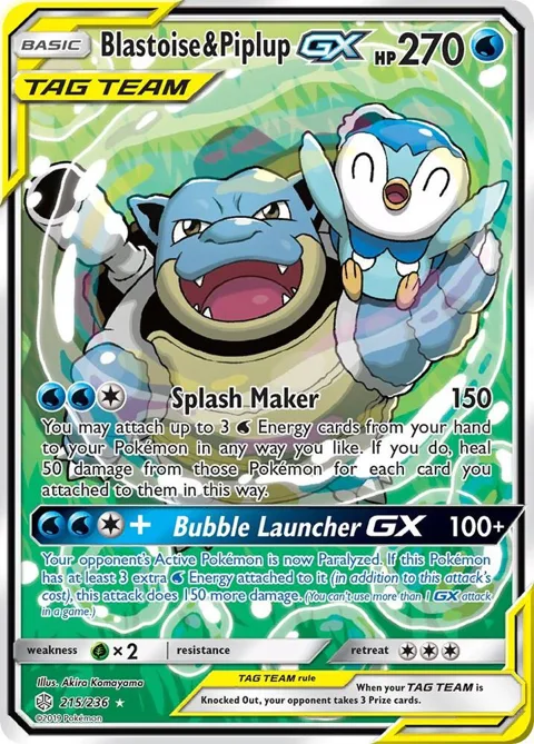 Blastoise & Piplup GX Alt Art #215/236 Holofoil Pokémon card from SM - Cosmic Eclipse