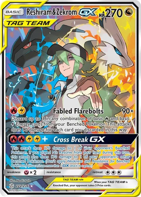 Reshiram & Zekrom GX Full Art #222/236 Holofoil Pokémon card from SM - Cosmic Eclipse
