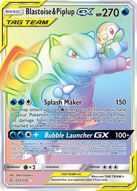 Blastoise & Piplup GX Secret Rare #253/236 Holofoil Pokémon card from SM - Cosmic Eclipse