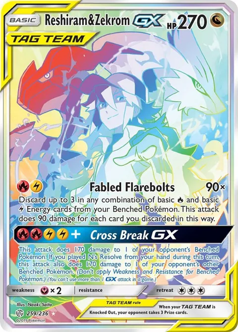 Reshiram & Zekrom GX Secret Rare #259/236 Holofoil Pokémon card from SM - Cosmic Eclipse