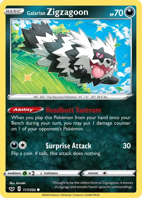 Galarian Zigzagoon #117/202 Reverse Holofoil Pokémon card from Sword & Shield Base Set