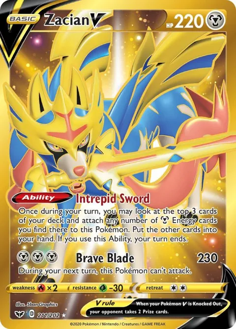 Zacian V Secret Rare #211/202 Holofoil Pokémon card from Sword & Shield Base Set