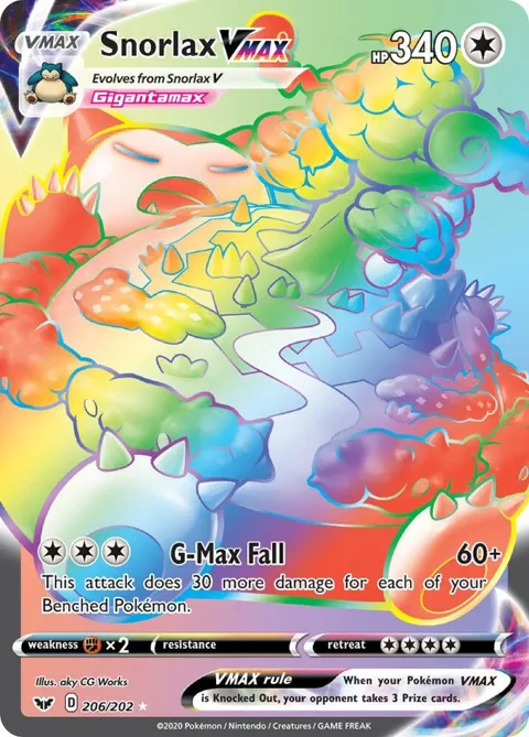 Snorlax VMAX Secret Rare #206/202 Holofoil Pokémon card from Sword & Shield Base Set