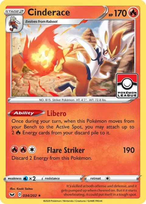 Cinderace - 034/202 Pokemon League #034/202 Reverse Holofoil Pokémon card from League & Championship Cards