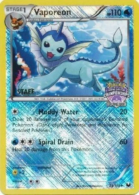 Vaporeon - 25/108 State Championships [Staff] #025/108 Reverse Holofoil Pokémon card from League & Championship Cards