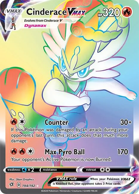 Cinderace VMAX Secret Rare #194/192 Holofoil Pokémon card from Rebel Clash