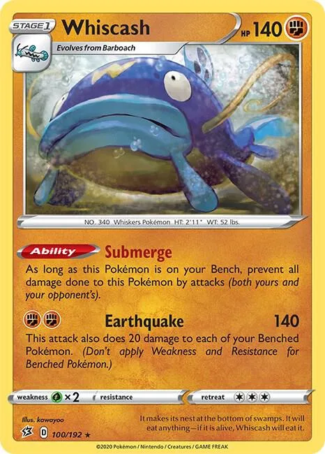 Whiscash #100/192 Reverse Holofoil Pokémon card from Rebel Clash