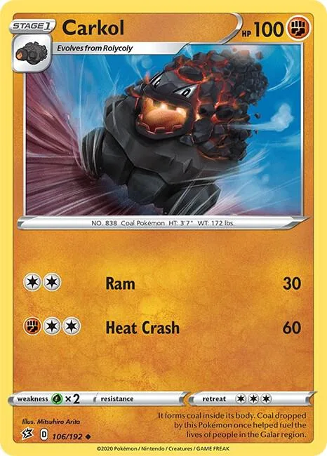 Carkol #106/192 Reverse Holofoil Pokémon card from Rebel Clash