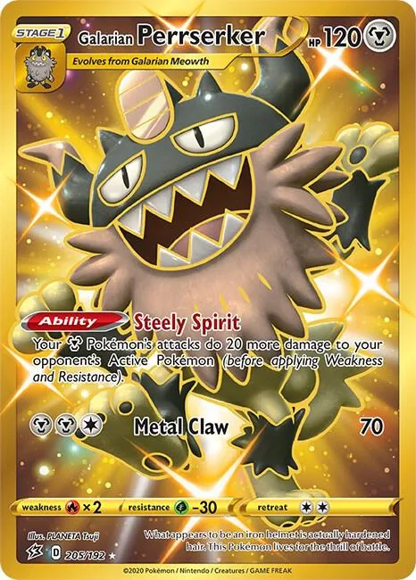 Galarian Perrserker Secret Rare #205/192 Holofoil Pokémon card from Rebel Clash
