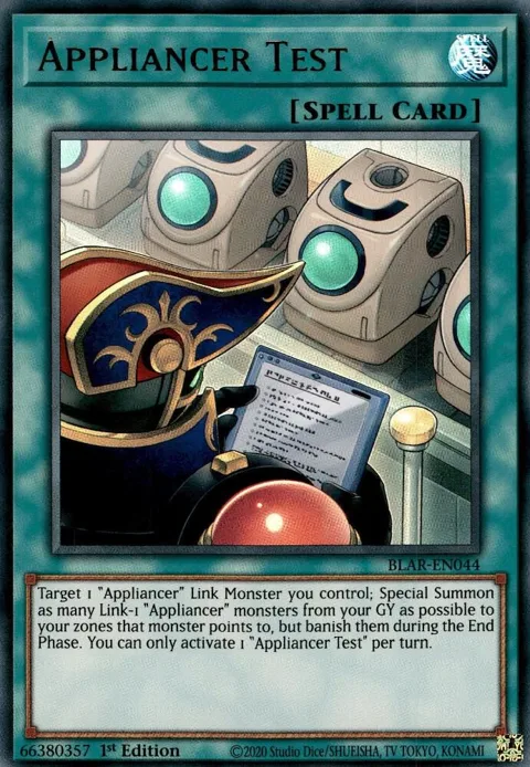 Appliancer Test BLAR-EN044 Yu-Gi-Oh card from Battles of Legend: Armageddon