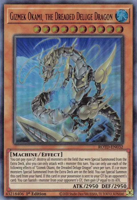 Gizmek Okami, the Dreaded Deluge Dragon ROTD-EN032 Yu-Gi-Oh card from Rise of the Duelist