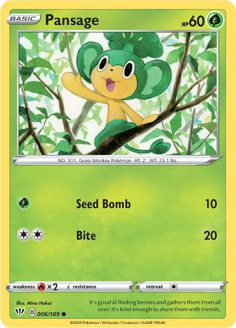 Pansage #006/189 Reverse Holofoil Pokémon card from Darkness Ablaze