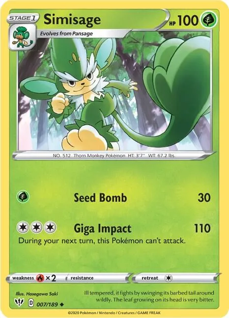Simisage #007/189 Pokémon card from Darkness Ablaze