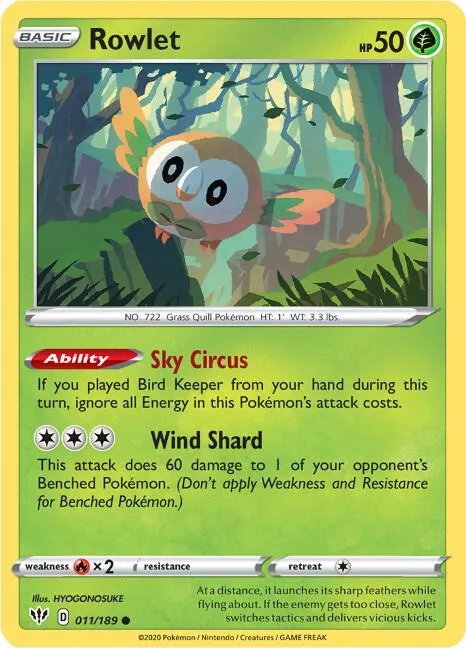 Rowlet #011/189 Reverse Holofoil Pokémon card from Darkness Ablaze