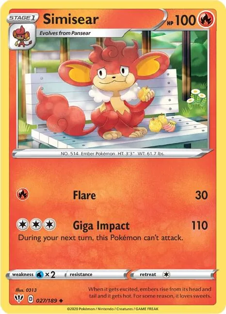 Simisear #027/189 Reverse Holofoil Pokémon card from Darkness Ablaze