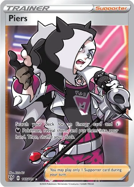 Piers Full Art #187/189 Holofoil Pokémon card from Darkness Ablaze