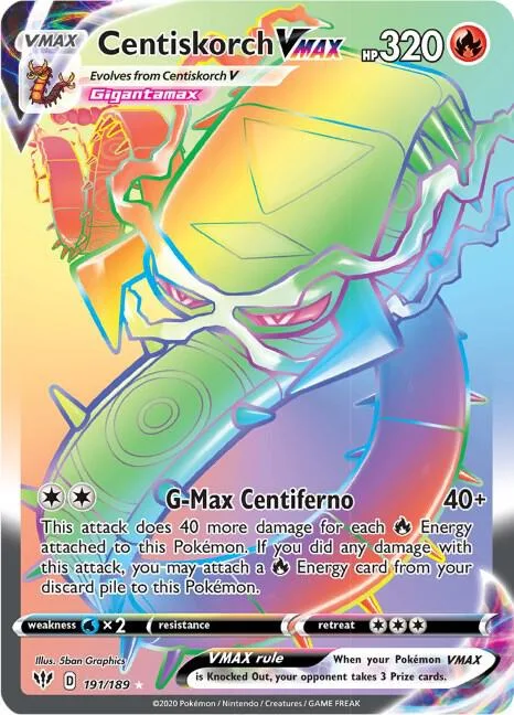 Centiskorch VMAX Secret Rare #191/189 Holofoil Pokémon card from Darkness Ablaze