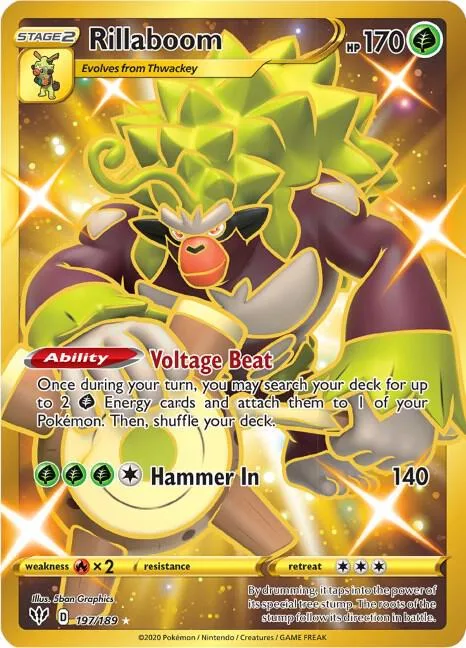 Rillaboom Secret Rare #197/189 Holofoil Pokémon card from Darkness Ablaze