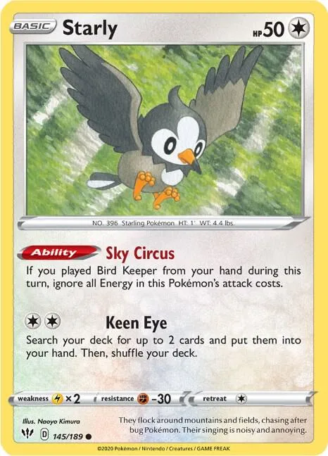 Starly #145/189 Reverse Holofoil Pokémon card from Darkness Ablaze