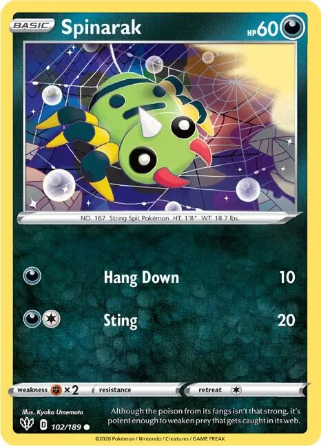 Spinarak #102/189 Pokémon card from Darkness Ablaze