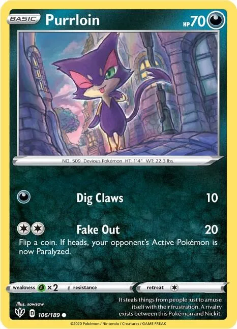 Purrloin #106/189 Pokémon card from Darkness Ablaze