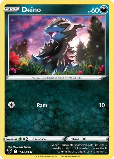 Deino #108/189 Reverse Holofoil Pokémon card from Darkness Ablaze