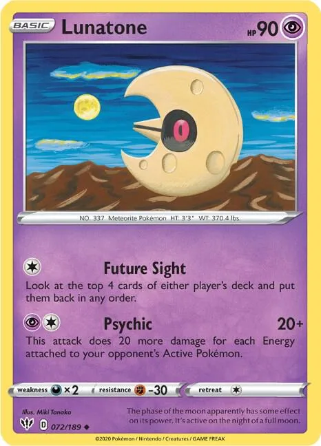 Lunatone #072/189 Reverse Holofoil Pokémon card from Darkness Ablaze