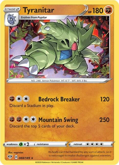 Tyranitar #088/189 Reverse Holofoil Pokémon card from Darkness Ablaze