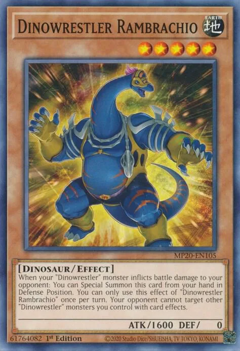Dinowrestler Rambrachio MP20-EN105 Yu-Gi-Oh card from 2020 Tin of Lost Memories
