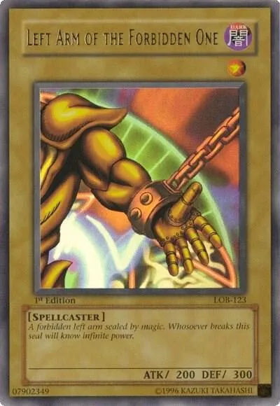 Left Arm of the Forbidden One LOB-123 1st Edition Yu-Gi-Oh card from The Legend of Blue Eyes White Dragon