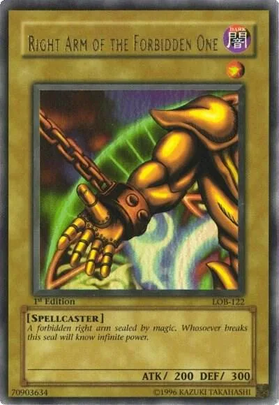 Right Arm of the Forbidden One LOB-122 1st Edition Yu-Gi-Oh card from The Legend of Blue Eyes White Dragon
