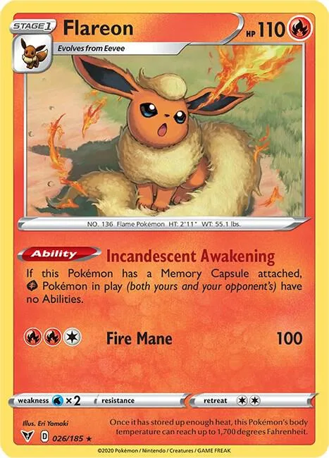 Flareon #026/185 Reverse Holofoil Pokémon card from Vivid Voltage