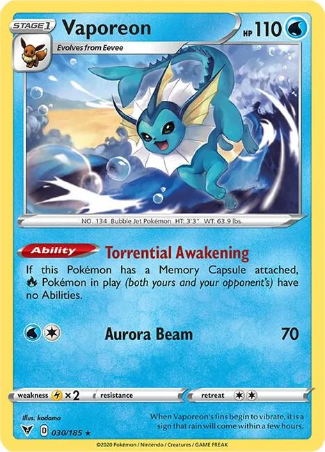 Vaporeon #030/185 Reverse Holofoil Pokémon card from Vivid Voltage
