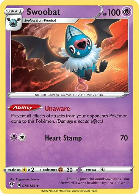 Swoobat #074/185 Reverse Holofoil Pokémon card from Vivid Voltage