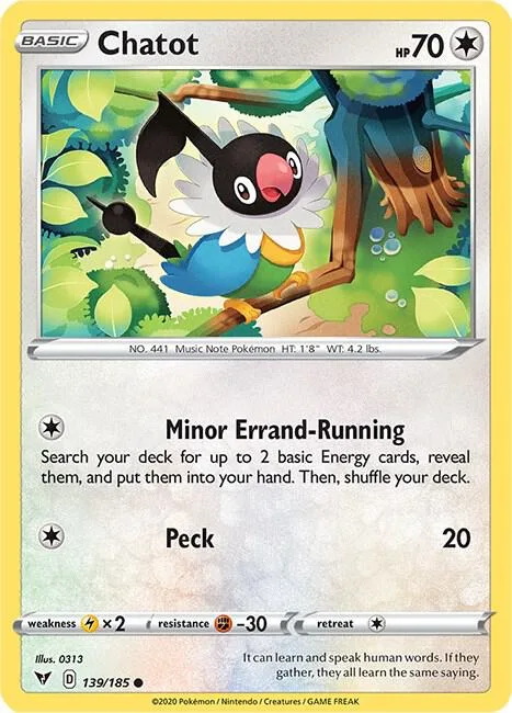 Chatot #139/185 Reverse Holofoil Pokémon card from Vivid Voltage