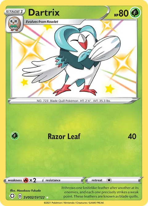 Dartrix #SV002/SV122 Holofoil Pokémon card from Shining Fates: Shiny Vault