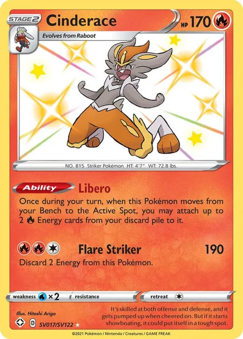 Cinderace #SV017/SV122 Holofoil Pokémon card from Shining Fates: Shiny Vault